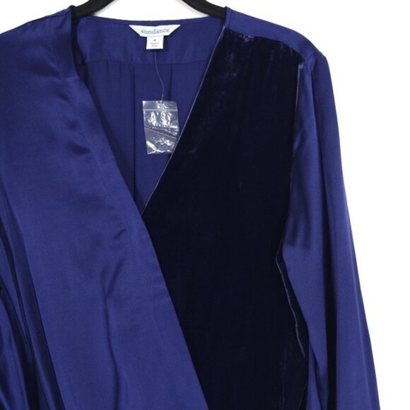 Sundance Blended Paths Blue 100% SILK Velvet Faux Wrap Top Women's MEDIUM Hi Low - Picture 7 of 13